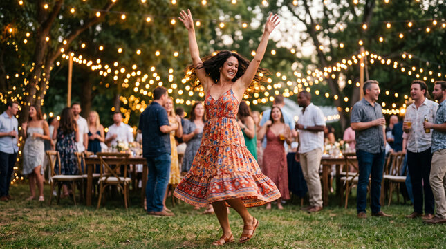 Woman dancing joyfully at an outdoor garden party with string lights