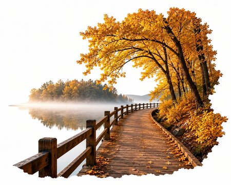 Wooden walkway path with yellow autumn trees by the calm lake in the morning light
