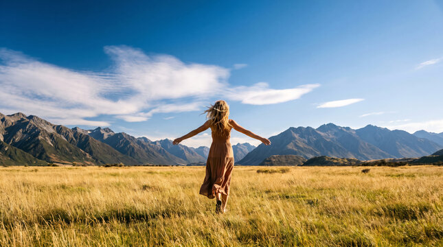 Woman in flowing dress with arms outstretched in a golden field with mountains and blue sky