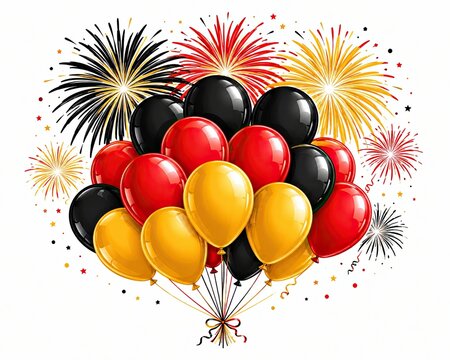 Bunch of black red and gold balloons with festive fireworks for a celebration event