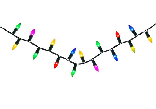 Colorful string of holiday decorative lights isolated on transparent background