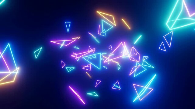 Neon glowing triangular shapes float and rotate forward against a dark digital space background. Floating movement creates glowing light and visible depth.