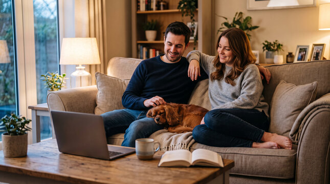 Couple Relaxing on Sofa with Dog and Laptop