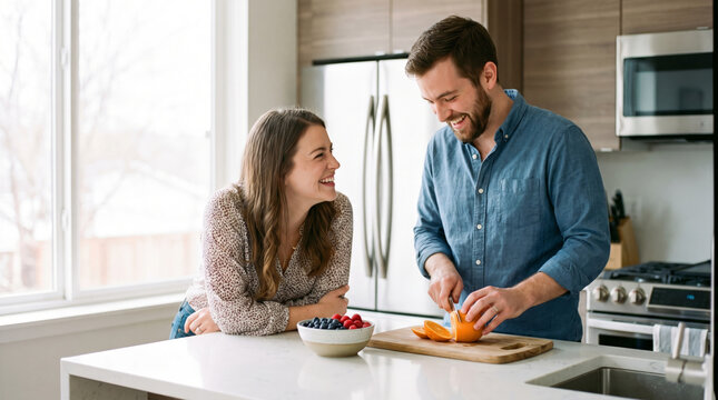 Couple happily preparing healthy food together in a modern kitchen