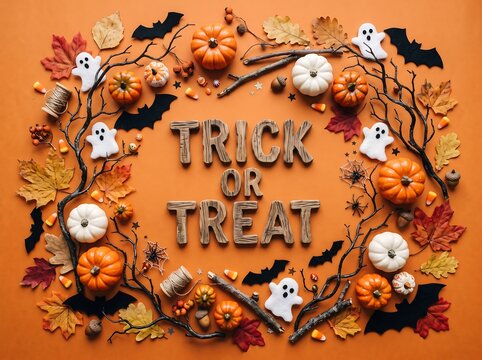 Festive halloween flatlay with pumpkins ghosts and trick or treat text
