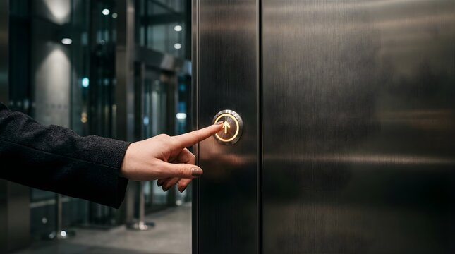 Woman hand pressing an illuminated elevator button in a modern office