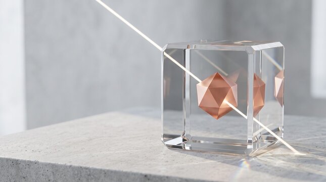 Light Ray Passing Through Crystal Cube Containing Copper Icosahedron | Conceptual 3D Render Representing Optics, Focus, Innovation, and Clarity