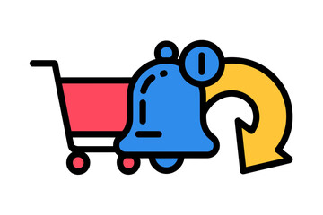 Fototapeta premium Shopping cart with blue bell notification and yellow arrow indicating return or update for e-commerce and online store alerts.