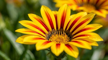 Obraz premium Macro Photography of Radiant Yellow Gazania Blossom with Vivid Red Stripes in Sunlight flower macro close up vibrant striped petal detailed floral center colorful bloom natural sunlight botanical