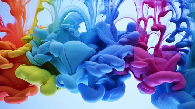 Colorful ink drops fall and diffuse in liquid, creating swirling plumes of mixed colors. Falling motion creates diffusion and visible depth.