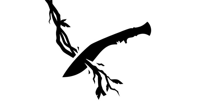Machete silhouette cutting through a jungle vine on white background
