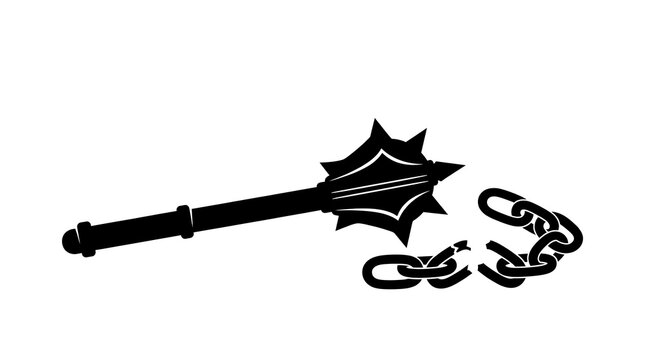 Medieval mace silhouette breaking metal chains for freedom