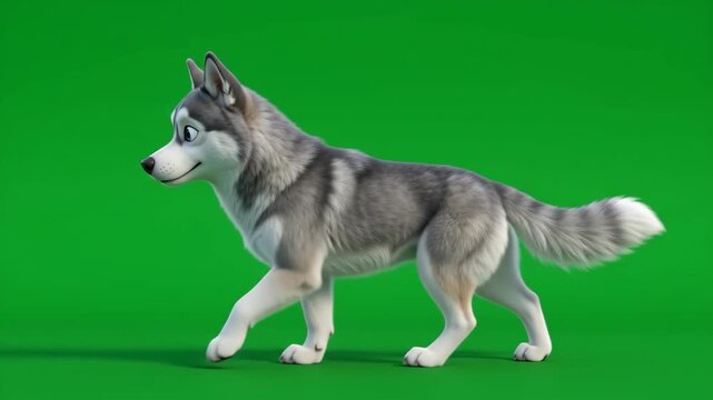 Cute animated husky dog walking on a green screen, perfect for compositing into various scenes.