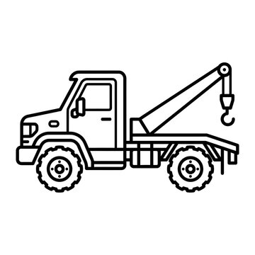 Black and white line art illustration of a tow truck icon. Minimalist flat vector style perfect for transportation, roadside assistance, and recovery vehicle design concepts.