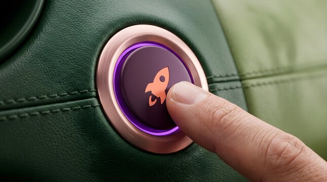 Finger pressing rocket launch button on vehicle dashboard, startup concept.