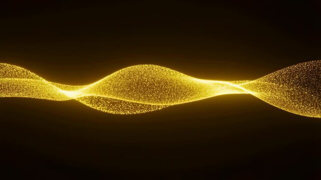 Golden glowing particles flow and oscillate in smooth wave patterns on a dark background. Animated scene combines particles and waves with glowing light.