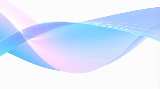 Smooth translucent wave ribbons in light blue and soft pink flow and undulate horizontally on a white background. Animated scene combines smooth ribbons and curves with alpha transparency.