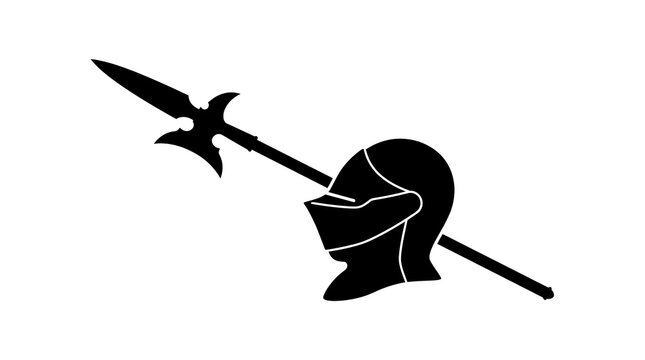 Black silhouette of a medieval knight helmet and halberd weapon