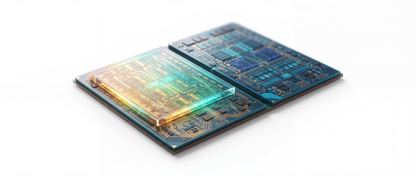 Microchip processor with glowing crystal die showcasing advanced photonic computing hardware on a circuit board over a white background for technology and AI research