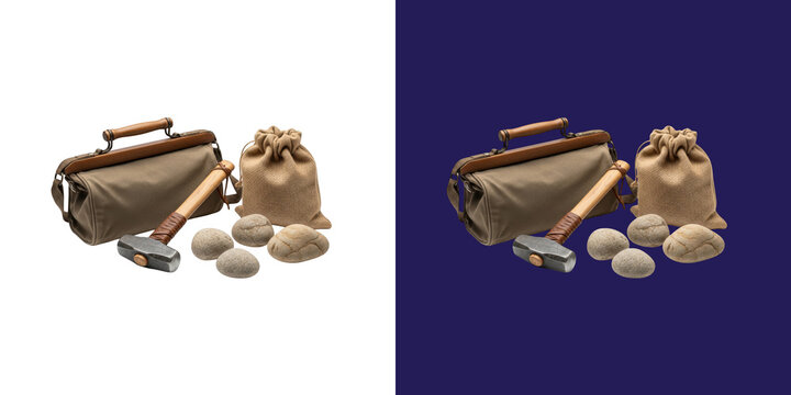 Vintage leather tool bag with heavy metal hammer and natural stone rocks transparent png
