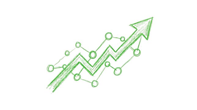 Hand-drawn green business growth chart with upward arrow showing financial success and progress