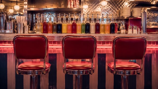 Soda fountain with seat featuring three red diner chairs facing colorful syrup bottles close up