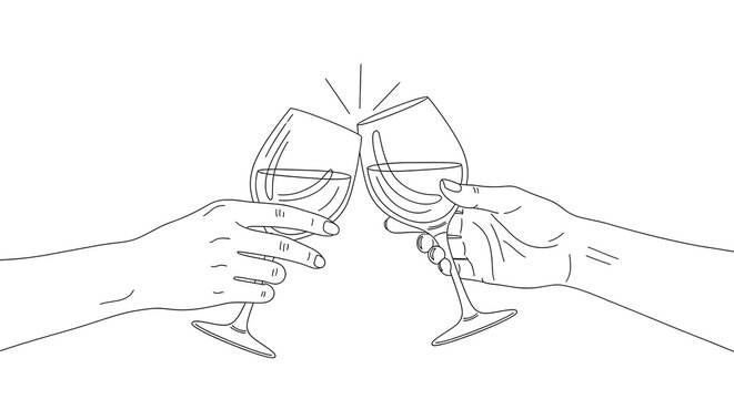 Two hands holding wine glasses for a toast in a simple black and white line art drawing style