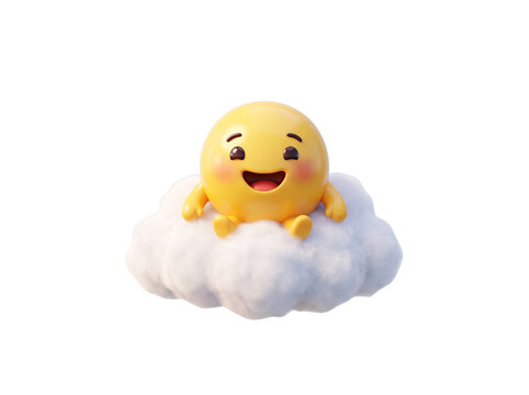 Joyful yellow emoji character relaxing happily on a fluffy white cloud floating on transparent background