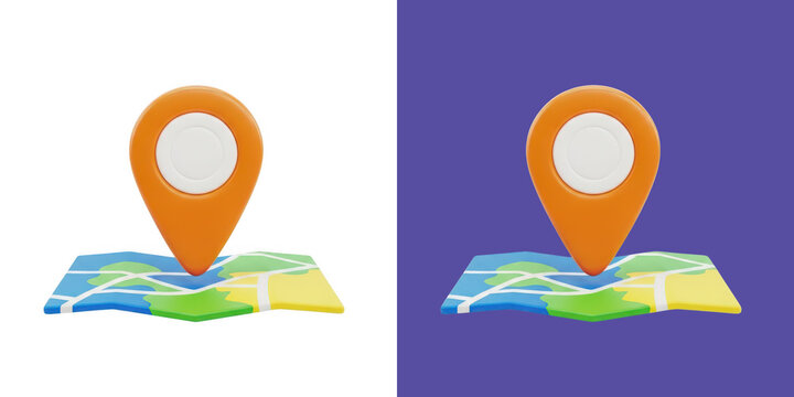 Orange 3D location map pin icon with colorful paper navigation chart transparent png
