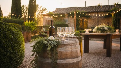 Fototapeta premium Wine barrel used as table showing decorated barrel cocktail table on a vineyard terrace portrait