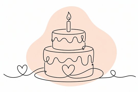Simple line art drawing of a birthday cake with a single lit candle