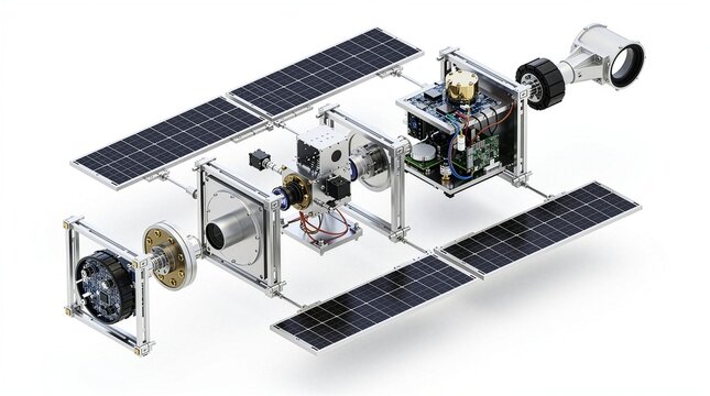 16:9 exploded isometric 3D render of a CubeSat satellite showing optical communication payload and solar arrays on a solid white background