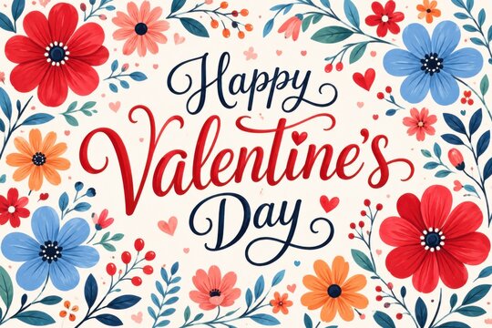 Happy Valentines Day greeting card with colorful flowers and floral pattern