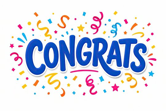 Congrats word with colorful confetti and streamers on white background