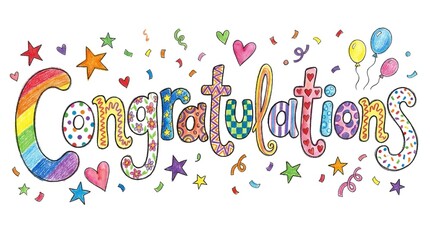 Fototapeta premium Congratulations text with colorful hand drawn patterns and festive party confetti elements 