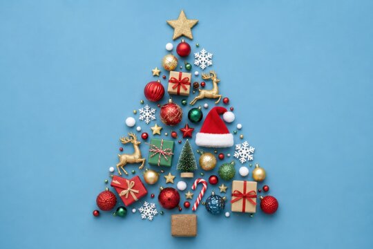Christmas tree shape made of holiday ornaments on a blue background