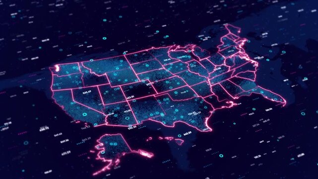 Glowing USA map visualized bright nodes, regional boundaries modern data interface connectivity, cyber monitoring, location analysis, government technology, enterprise research digital transformation.