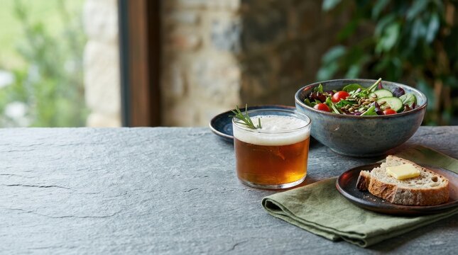 Refreshing Craft Beer with Rosemary Garnish Served with Fresh Green Salad and Rustic Bread on Stone Table