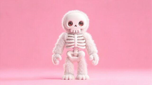 Cute fluffy monster with visible skeleton standing against pink background. Playful fantasy character concept for winter sport mascot, children&rsquo;s design, and seasonal greeting card