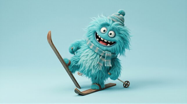 Cute fluffy monster skiing with poles, wearing a winter hat and scarf. Playful fantasy character promoting winter sport, snowy adventure, holiday illustration and children&rsquo;s entertainment.