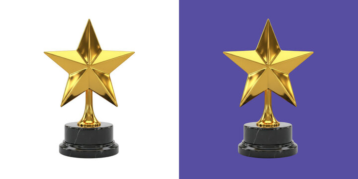Shiny golden star award trophy on a black marble base 3d render transparent png