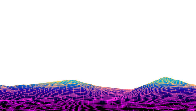 Retro neon teal and blue dark glowing wireframe hilly terrain on transparent background