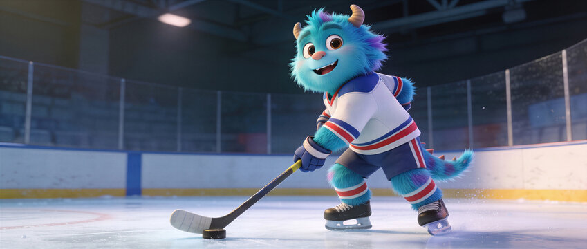 Cute fluffy monster playing ice hockey on an indoor rink. Cheerful winter sport character skating with stick and puck. Banner with copy space