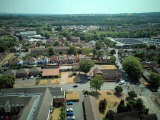 Aerial drone view of Stourport-on-Severn town centre, Worcestershire, England. Bird's eye perspective of the historic market town, streets, red brick buildings, and surrounding landscape. © Xander Multimedia