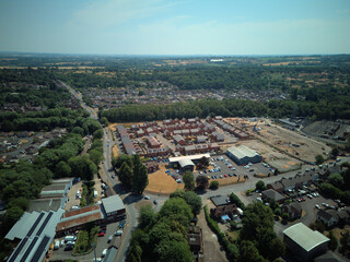 Aerial drone view of Stourport-on-Severn town centre, Worcestershire, England. Bird's eye perspective of the historic market town, streets, red brick buildings, and surrounding landscape. © Xander Multimedia