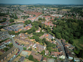 Aerial drone view of Stourport-on-Severn town centre, Worcestershire, England. Bird's eye perspective of the historic market town, streets, red brick buildings, and surrounding landscape. © Xander Multimedia
