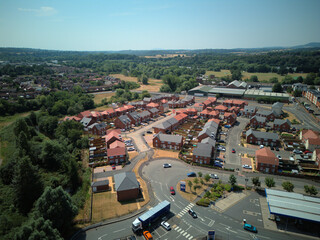 Aerial drone view of Stourport-on-Severn town centre, Worcestershire, England. Bird's eye perspective of the historic market town, streets, red brick buildings, and surrounding landscape. © Xander Multimedia