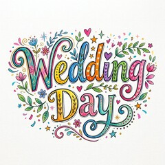 Fototapeta premium Wedding Day colorful hand drawn lettering illustration with floral and heart decorations 