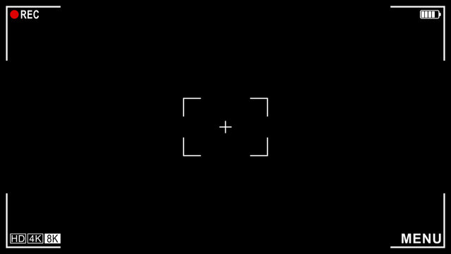 4k 8k video Camera viewfinder recording interface on a black background with focus reticle, REC indicator, timecode, resolution icons, and UI elements.