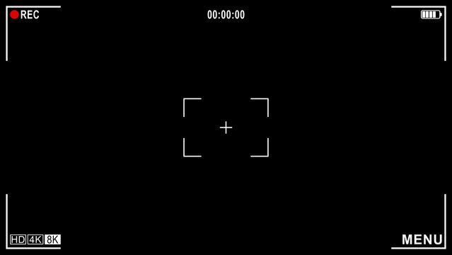 4k 8k video Camera viewfinder recording interface on a black background with focus reticle, REC indicator, timecode, resolution icons, and UI elements.